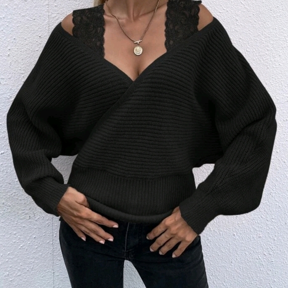 Feminine Lace detailed knit Sweater Top black - Picture 4 of 5